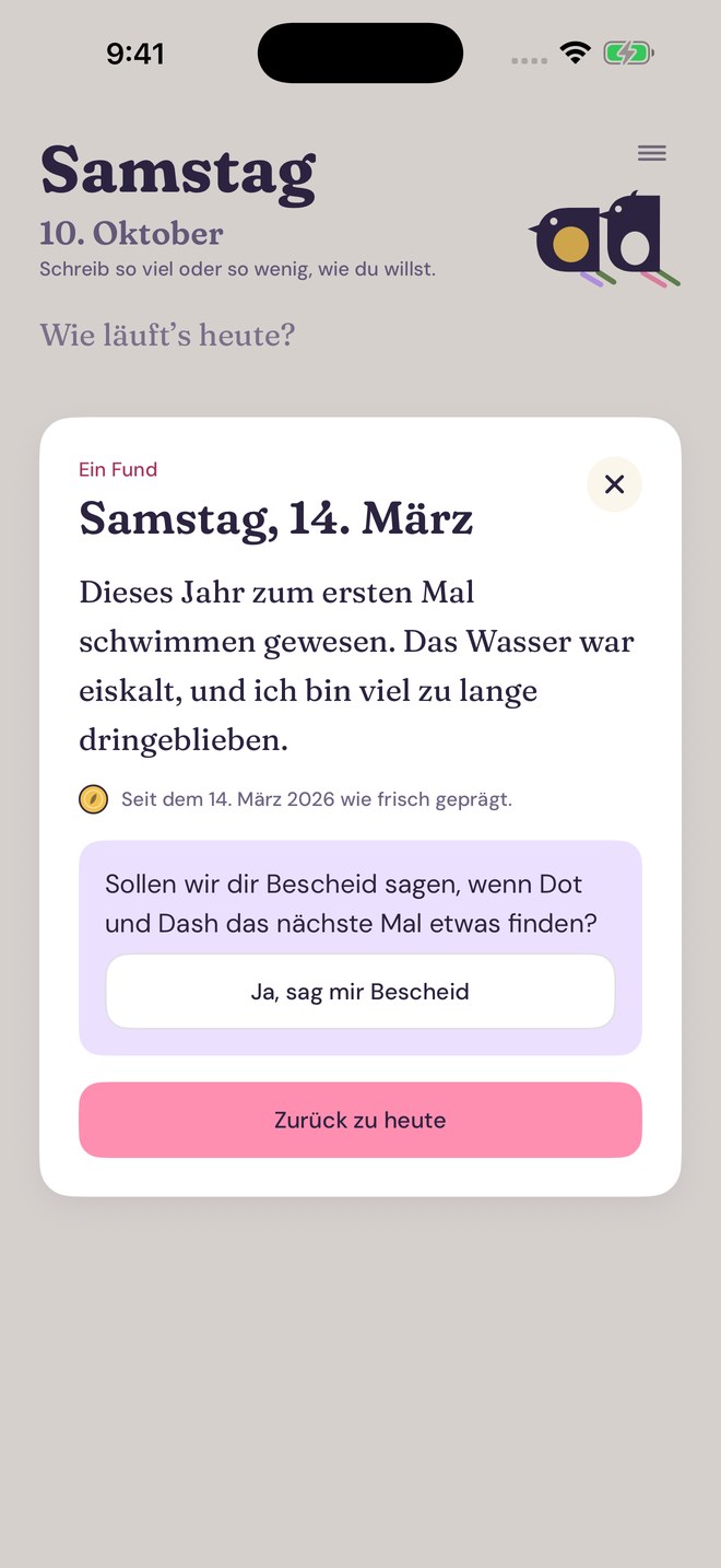 Ein Fund: eine alte Seite von einem Dienstag, zurückgebracht von Dot und Dash.