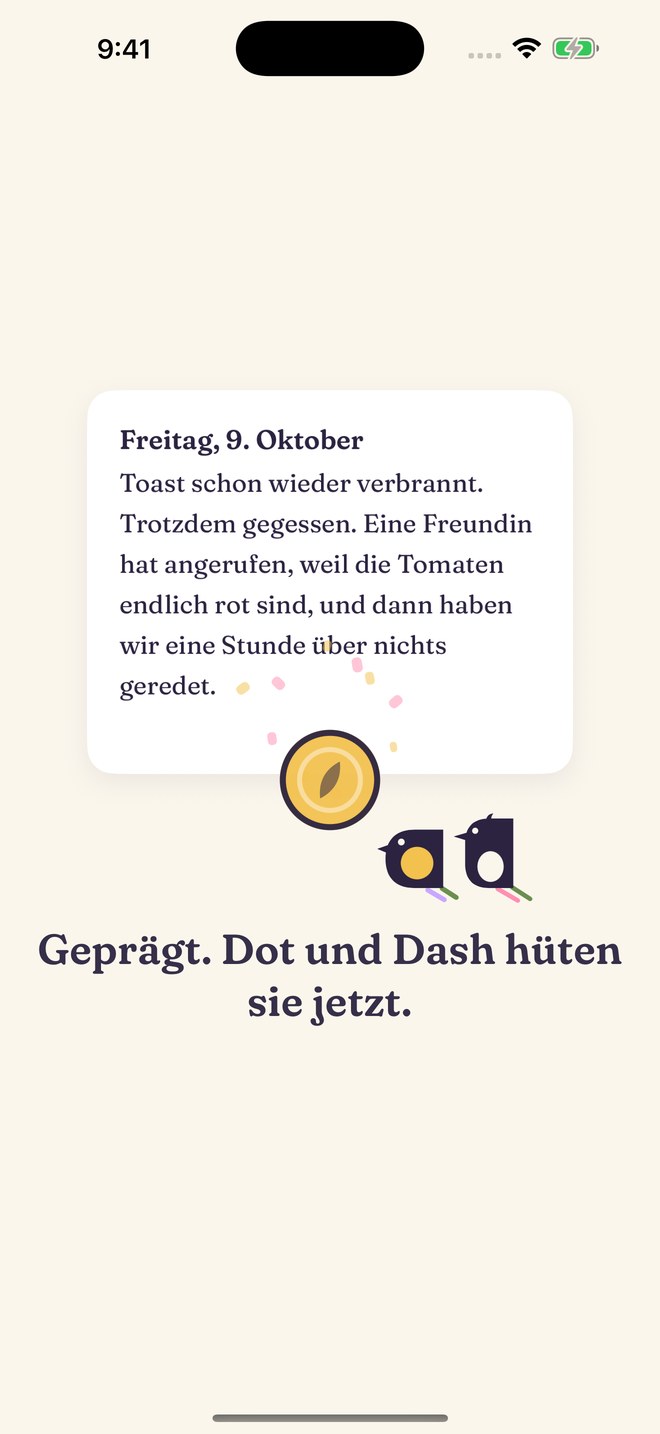 Die Seite von gestern wird zur Goldmünze, daneben Dot und Dash.